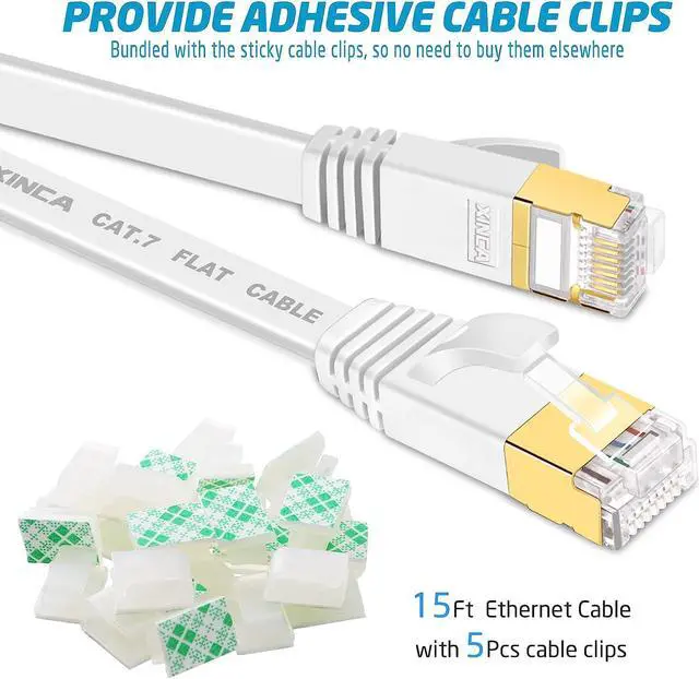 Alt view image 2 of 7 - Cat 7 Flat Ethernet Cable 15ft White, High Speed 10GB Shielded (STP) LAN Internet Network Cable Ethernet Patch Computer Cable with Rj45 Connectors and 5pcs Adhesive Cable Clips