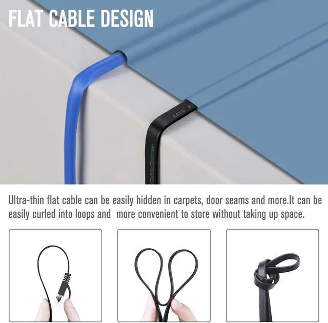 Alt view image 3 of 7 - Cat 6 Ethernet Cable 100 ft, Indoor&Outdoor, High Speed 10Gbps Flat Internet Network Cable, Cat6 Ethernet Patch Cable Long, Black Computer LAN Cable with Clips & Straps for Router, Modem, PS4/5
