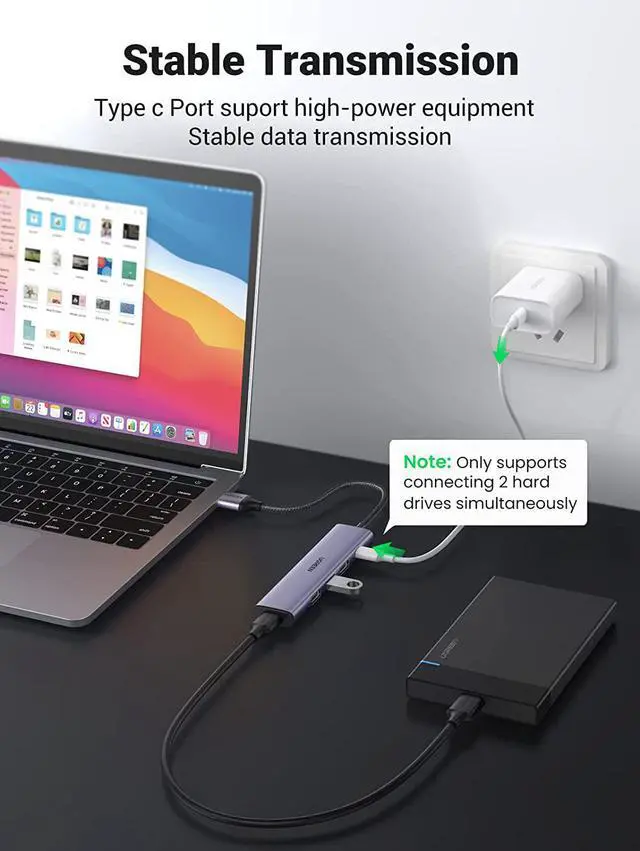 Alt view image 5 of 7 - UGREEN Powered USB 3.0 Hub 4-Port, Aluminum Ultra-Slim Data USB Hub,Charging Supported USB multiport Adapter Compatible with MacBook Pro, iMac Pro, Surface Pro,Laptop, PC, Flash Drive, Mobile HDD