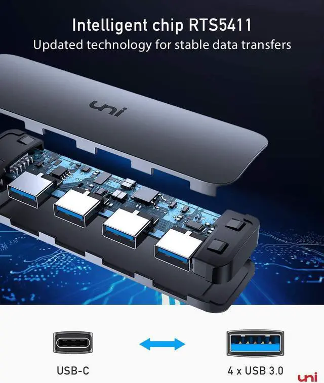 Alt view image 4 of 7 - uni USB C to USB Hub 4 Ports, Aluminum USB Type C to USB Adapter with 4 USB 3.0 Ports, Thunderbolt 3 to Multiport USB 3.0 Hub Adapter for MacBook Pro/Air 2020/2019, iPad Pro, Dell, Chromebook and more