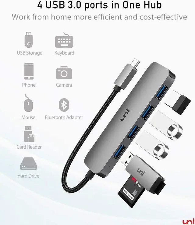 Alt view image 6 of 7 - uni USB C to USB Hub 4 Ports, Aluminum USB Type C to USB Adapter with 4 USB 3.0 Ports, Thunderbolt 3 to Multiport USB 3.0 Hub Adapter for MacBook Pro/Air 2020/2019, iPad Pro, Dell, Chromebook and more