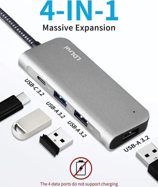 Alt view image 2 of 7 - USB C 3.2/3.1 Gen 2 Hub, 4-in-1 USB Type C 10Gbps Multiport Hub Adapter with 4 USB 3.2 Ports (3 USB-A & 1 USB-C), USB-C Docking, for MacBook Pro/Air, iMac, Surface, XPS, and More Type C Devices