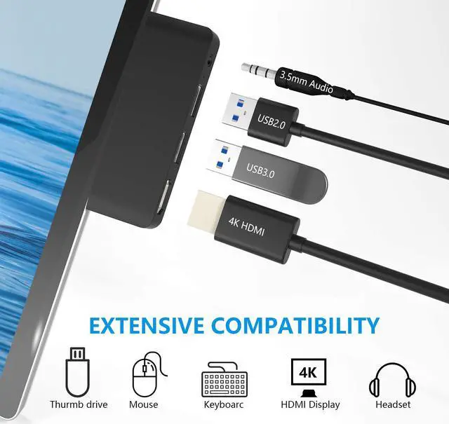 Alt view image 3 of 7 - Surface Go Docking Station, 4 in 1 Surface Go 3 USB C Adapter with HDMI Support 4K, USB 3.0/2.0 Port Hub, 3.5mm Audio/Headphone Jack, Portable Adapter for Surface Go/Go 2 /Go 3 Accessories
