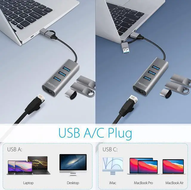 Alt view image 2 of 6 - TWOPAN USB 3.0 Hub Ethernet, Aluminum USB C to Ethernet Adapter, 3 Port USB C Hub for Laptop, RJ45 LAN Adapter for 24 inch iMac 2021, New MacBook Pro/Air, Chromebook, Pixelbook, Surface, Yoga, XPS