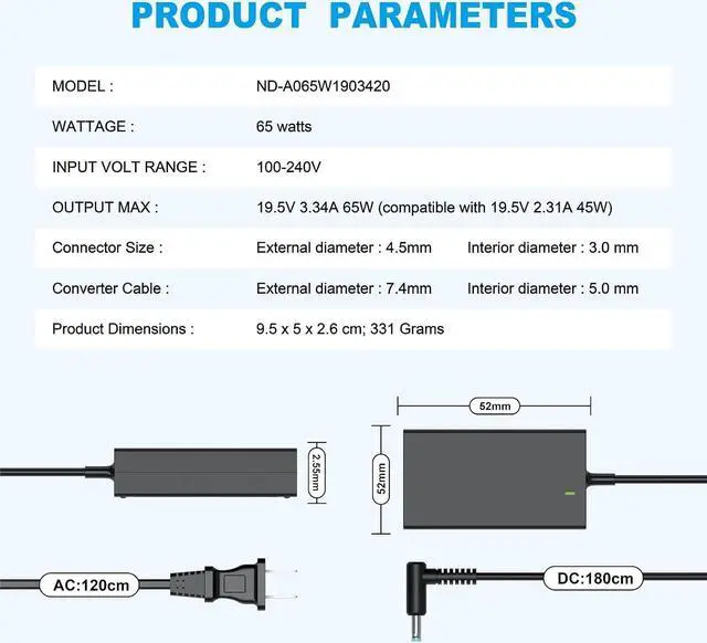 Alt view image 6 of 7 - 65W Laptop Charger for HP Stream 11 13 14 (All Models), Probook 430 440 450 455 470 640, Elitebook 745 820 830 840 850 Chromebook, Pavillion, Envy, Spectre and More Hp AC Adapter Power Supply
