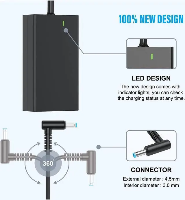 Alt view image 3 of 7 - 65W Laptop Charger for HP Stream 11 13 14 (All Models), Probook 430 440 450 455 470 640, Elitebook 745 820 830 840 850 Chromebook, Pavillion, Envy, Spectre and More Hp AC Adapter Power Supply