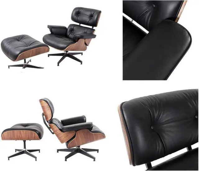 Alt view image 5 of 7 - Lounge Chair and Ottoman Mid Century Modern Style Classic Replica Armchair Recliner Furniture- Genuine Leather, Plywood and Aluminum Alloy Heavy Duty Support, for Living Room, Lounge- Walnut & Black
