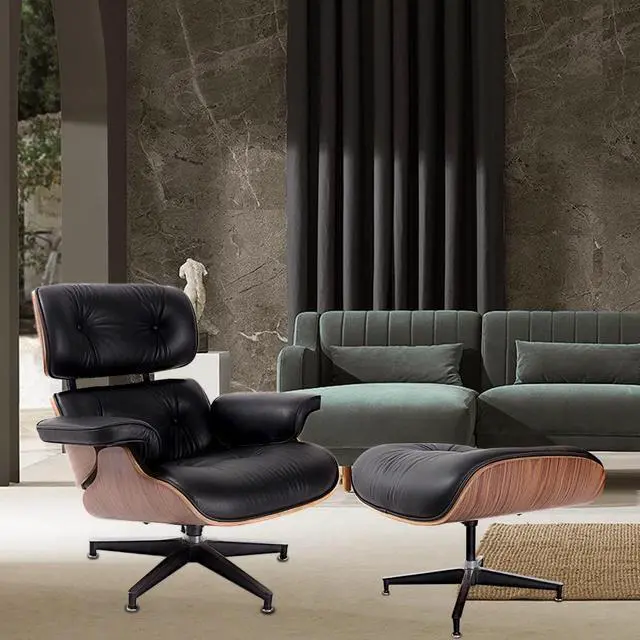 Alt view image 4 of 7 - Lounge Chair and Ottoman Mid Century Modern Style Classic Replica Armchair Recliner Furniture- Genuine Leather, Plywood and Aluminum Alloy Heavy Duty Support, for Living Room, Lounge- Walnut & Black