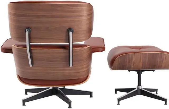 Alt view image 6 of 7 - Lounge Chair and Ottoman Mid Century Modern Style Classic Replica Armchair Recliner Furniture- Genuine Leather, Plywood and Aluminum Alloy Heavy Duty Support, for Living Room, Lounge- Walnut & Tan