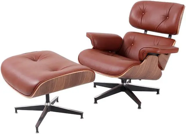 Alt view image 5 of 7 - Lounge Chair and Ottoman Mid Century Modern Style Classic Replica Armchair Recliner Furniture- Genuine Leather, Plywood and Aluminum Alloy Heavy Duty Support, for Living Room, Lounge- Walnut & Tan