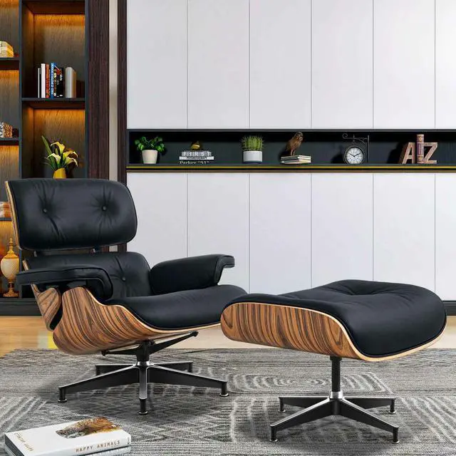Alt view image 3 of 7 - Lounge Chair and Ottoman Mid Century Modern Style Classic Replica Armchair Recliner Furniture- Genuine Leather, Plywood and Aluminum Alloy Heavy Duty Support, for Living Room, Lounge- Palisander&Black