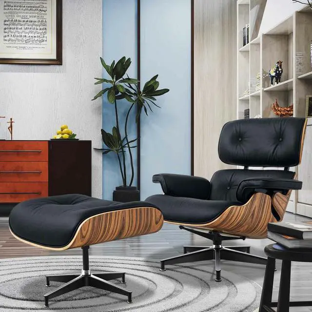 Main image of Lounge Chair and Ottoman Mid Century Modern Style Classic Replica Armchair Recliner Furniture- Genuine Leather, Plywood and Aluminum Alloy Heavy Duty Support, for Living Room, Lounge- Palisander&Black