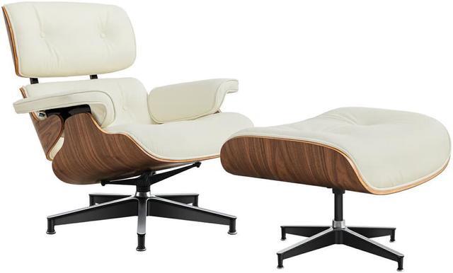 Alt view image 4 of 7 - Lounge Chair and Ottoman Mid Century Modern Style Classic Replica Armchair Recliner Furniture- Genuine Leather, Plywood and Aluminum Alloy Heavy Duty Support, for Living Room, Lounge- Walnut & Cream