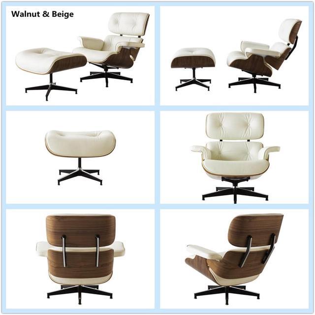 Alt view image 2 of 7 - Lounge Chair and Ottoman Mid Century Modern Style Classic Replica Armchair Recliner Furniture- Genuine Leather, Plywood and Aluminum Alloy Heavy Duty Support, for Living Room, Lounge- Walnut & Cream