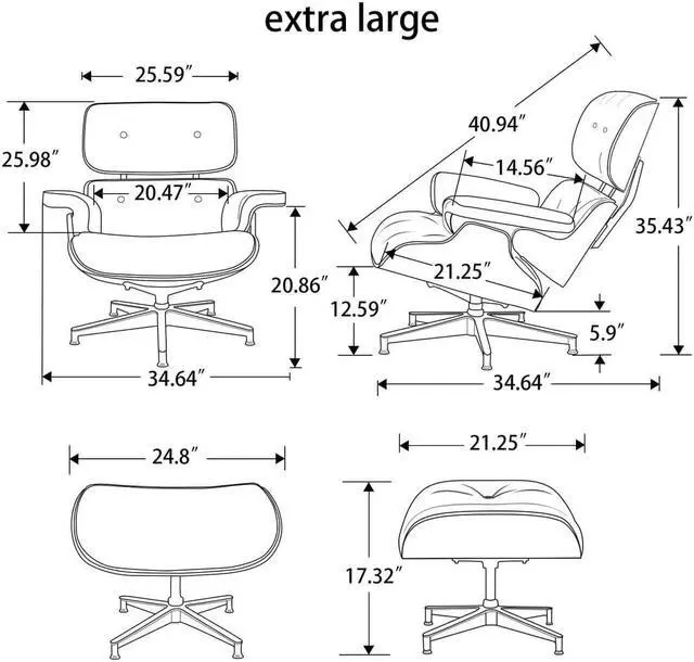 Alt view image 7 of 7 - XL Lounge Chair and Ottoman Mid Century Modern Classic Replica Armchair Recliner Furniture- Genuine Leather, Plywood and Aluminum Alloy Heavy Duty Support, for Living Room, Lounge- Palisander & Black