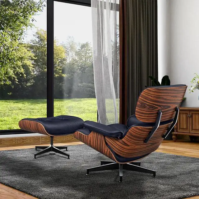 Alt view image 2 of 7 - XL Lounge Chair and Ottoman Mid Century Modern Classic Replica Armchair Recliner Furniture- Genuine Leather, Plywood and Aluminum Alloy Heavy Duty Support, for Living Room, Lounge- Palisander & Black