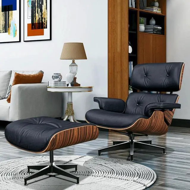 Main image of XL Lounge Chair and Ottoman Mid Century Modern Classic Replica Armchair Recliner Furniture- Genuine Leather, Plywood and Aluminum Alloy Heavy Duty Support, for Living Room, Lounge- Palisander & Black