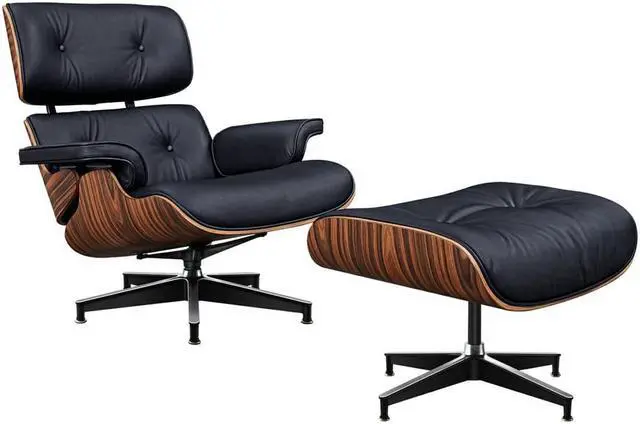 Alt view image 3 of 7 - XL Lounge Chair and Ottoman Mid Century Modern Classic Replica Armchair Recliner Furniture- Genuine Leather, Plywood and Aluminum Alloy Heavy Duty Support, for Living Room, Lounge- Palisander & Black