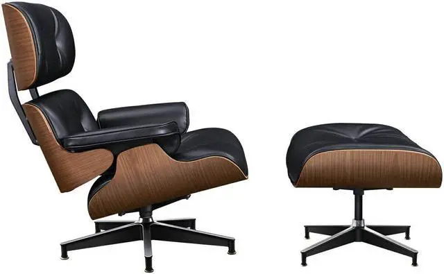 Alt view image 4 of 7 - Lounge Chair and Ottoman Mid Century Modern Style Classic Replica Armchair Recliner Furniture- Aniline Leather, Plywood and Aluminum Alloy Heavy Duty Support, Living Room, Lounge- Walnut&Black XL