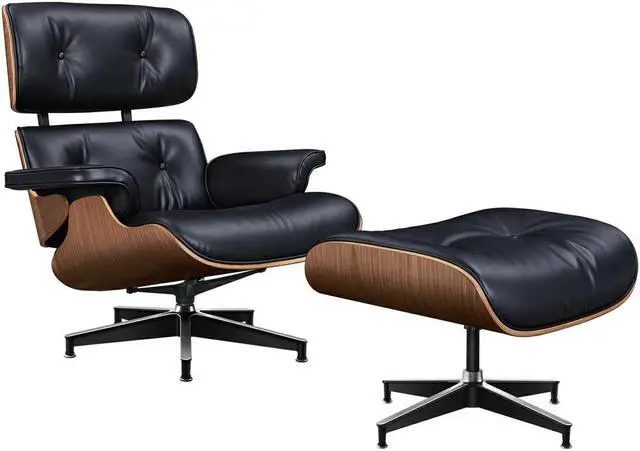 Alt view image 3 of 7 - Lounge Chair and Ottoman Mid Century Modern Style Classic Replica Armchair Recliner Furniture- Aniline Leather, Plywood and Aluminum Alloy Heavy Duty Support, Living Room, Lounge- Walnut&Black XL