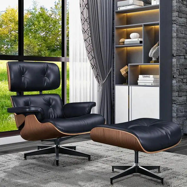 Alt view image 2 of 7 - Lounge Chair and Ottoman Mid Century Modern Style Classic Replica Armchair Recliner Furniture- Aniline Leather, Plywood and Aluminum Alloy Heavy Duty Support, Living Room, Lounge- Walnut&Black XL