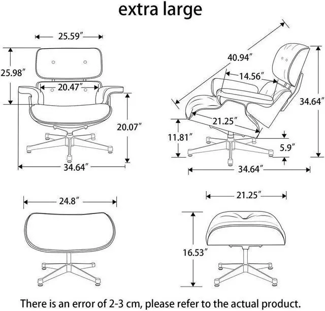 Alt view image 7 of 7 - Lounge Chair and Ottoman Mid Century Modern Style Classic Replica Armchair Recliner Furniture- Aniline Leather, Plywood and Aluminum Alloy Heavy Duty Support, Living Room, Lounge- Walnut&Black XL