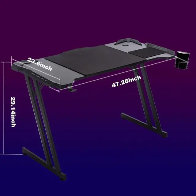 Alt view image 7 of 7 - Goaic Gaming Desk 47 Inch PC Computer Desk Z-shaped Table Home Office Gamer Desk, Ergonomic Gaming Table with Large Carbon Fiber Surface, Gamer Workstation with Mouse Pad, Cup Holder & Headphone Hook