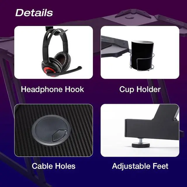 Alt view image 5 of 7 - Goaic Gaming Desk 47 Inch PC Computer Desk Z-shaped Table Home Office Gamer Desk, Ergonomic Gaming Table with Large Carbon Fiber Surface, Gamer Workstation with Mouse Pad, Cup Holder & Headphone Hook