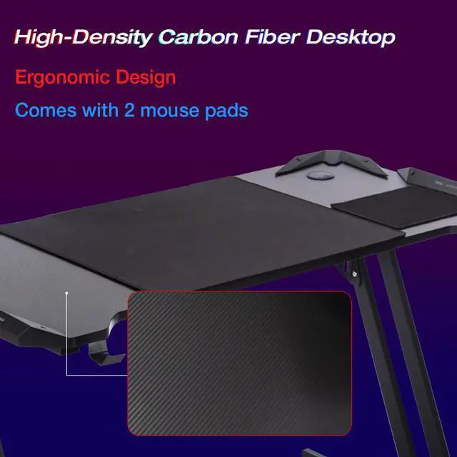 Alt view image 3 of 7 - Goaic Gaming Desk 47 Inch PC Computer Desk Z-shaped Table Home Office Gamer Desk, Ergonomic Gaming Table with Large Carbon Fiber Surface, Gamer Workstation with Mouse Pad, Cup Holder & Headphone Hook