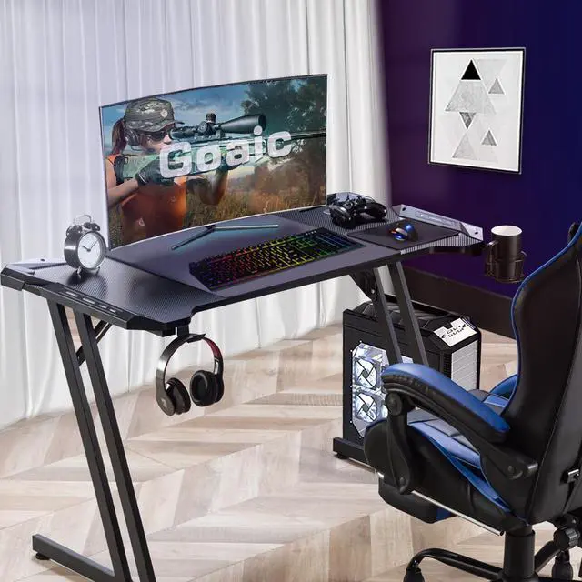 Alt view image 2 of 7 - Goaic Gaming Desk 47 Inch PC Computer Desk Z-shaped Table Home Office Gamer Desk, Ergonomic Gaming Table with Large Carbon Fiber Surface, Gamer Workstation with Mouse Pad, Cup Holder & Headphone Hook