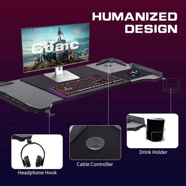 Alt view image 4 of 7 - Goaic Gaming Desk 47 Inch PC Computer Desk Z-shaped Table Home Office Gamer Desk, Ergonomic Gaming Table with Large Carbon Fiber Surface, Gamer Workstation with Mouse Pad, Cup Holder & Headphone Hook