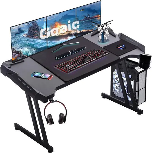 Main image of Goaic Gaming Desk 47 Inch PC Computer Desk Z-shaped Table Home Office Gamer Desk, Ergonomic Gaming Table with Large Carbon Fiber Surface, Gamer Workstation with Mouse Pad, Cup Holder & Headphone Hook