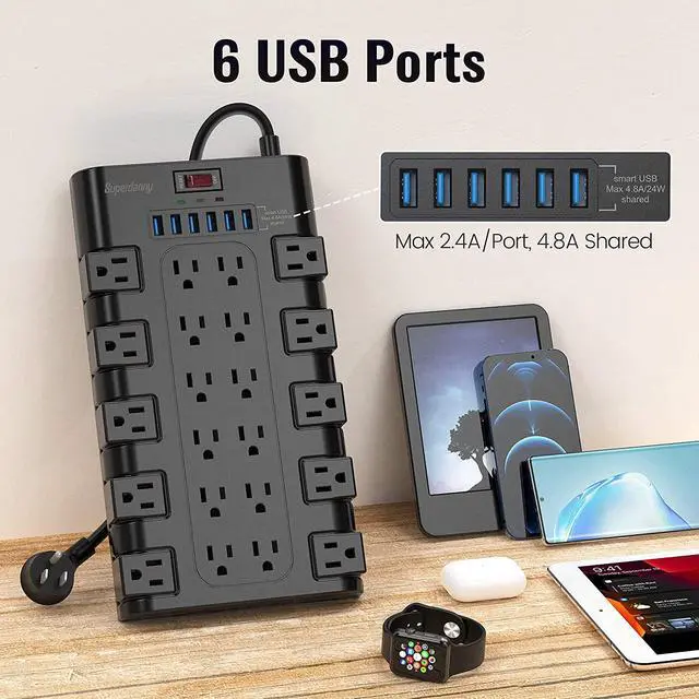 Alt view image 7 of 7 - SUPERDANNY Power Strip Surge Protector | 22 AC Outlets & 6 USB Charging Ports | 1 USB-C | 1875W/15A | 2100 Joules | 6.5Ft Flat Plug Extension Cord | Home, Office Use | Black