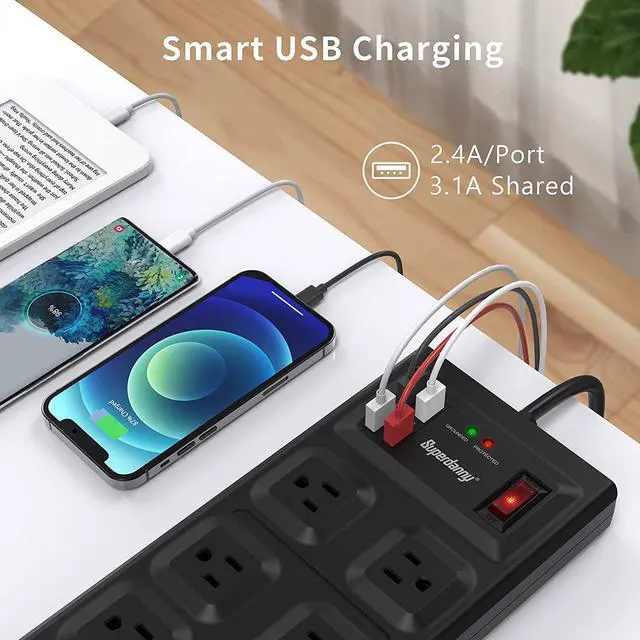 Alt view image 5 of 7 - SUPERDANNY  Surge Protector Power Strip, 10 Widely Spaced Outlets & 4 USB Ports, 2800 Joule, Flat Plug, 5 Ft Extension Cord with Multiple Outlets, Overload Protection for iPhone 15 Black