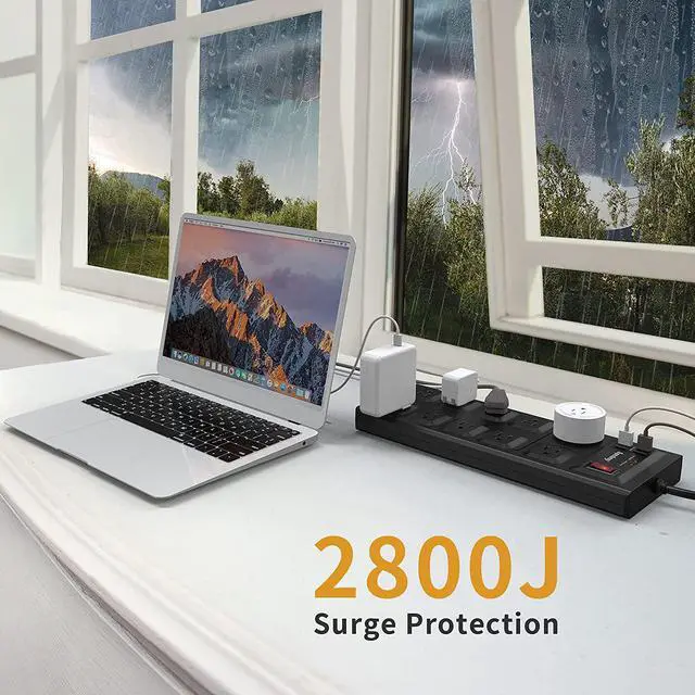Alt view image 4 of 7 - SUPERDANNY  Surge Protector Power Strip, 10 Widely Spaced Outlets & 4 USB Ports, 2800 Joule, Flat Plug, 5 Ft Extension Cord with Multiple Outlets, Overload Protection for iPhone 15 Black