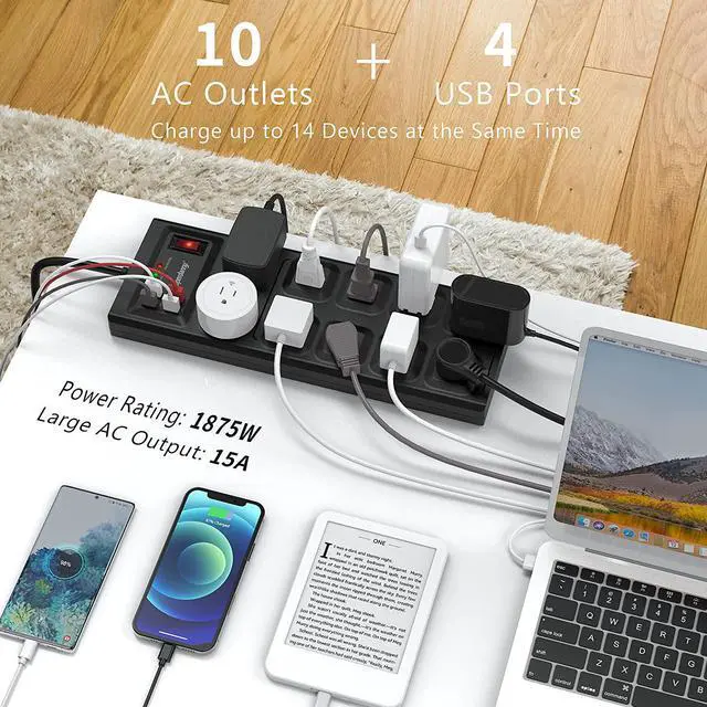 Alt view image 3 of 7 - SUPERDANNY  Surge Protector Power Strip, 10 Widely Spaced Outlets & 4 USB Ports, 2800 Joule, Flat Plug, 5 Ft Extension Cord with Multiple Outlets, Overload Protection for iPhone 15 Black