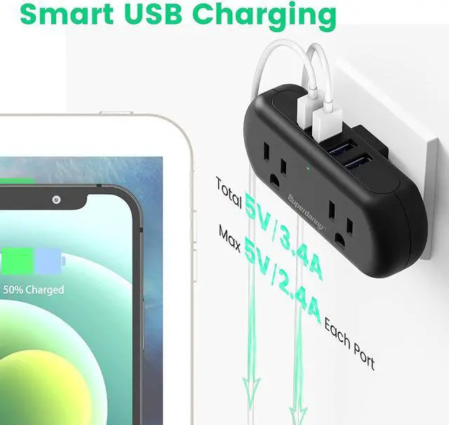 Multi-Plug Outlet Extender, SUPERDANNY 3 Prong to 2 Prong Wall Charger ...