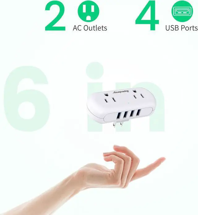 Alt view image 2 of 7 - Multi-Plug Outlet Extender, SUPERDANNY 3 Prong to 2 Prong Wall Charger with 2 Wide-Spaced Outlets & 4 USB Ports, Mini Surge Protector Multiple Plug Splitter for Travel, Home, Office, Type A, White
