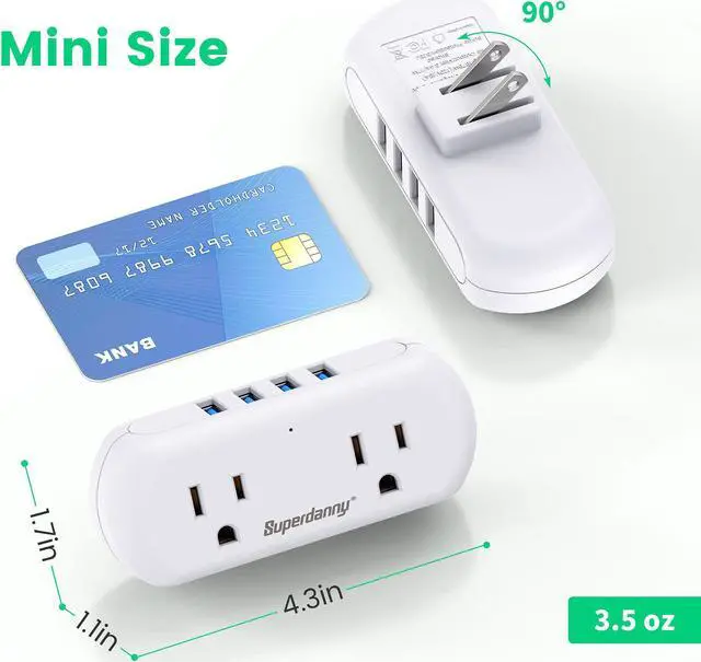 Alt view image 3 of 7 - Multi-Plug Outlet Extender, SUPERDANNY 3 Prong to 2 Prong Wall Charger with 2 Wide-Spaced Outlets & 4 USB Ports, Mini Surge Protector Multiple Plug Splitter for Travel, Home, Office, Type A, White