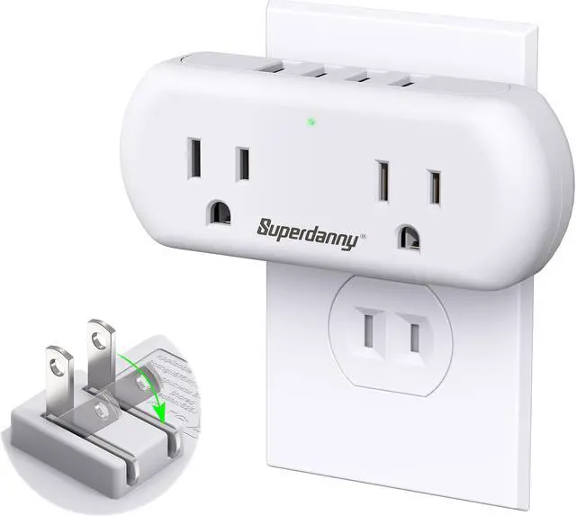 Main image of Multi-Plug Outlet Extender, SUPERDANNY 3 Prong to 2 Prong Wall Charger with 2 Wide-Spaced Outlets & 4 USB Ports, Mini Surge Protector Multiple Plug Splitter for Travel, Home, Office, Type A, White