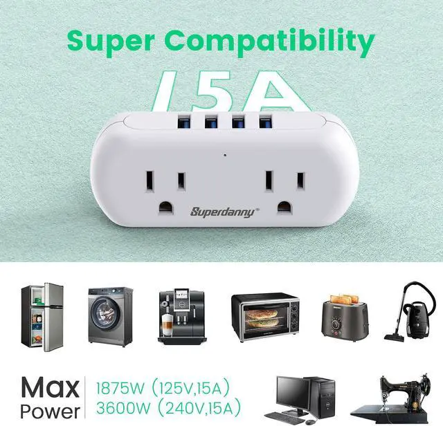 Alt view image 7 of 7 - Multi-Plug Outlet Extender, SUPERDANNY 3 Prong to 2 Prong Wall Charger with 2 Wide-Spaced Outlets & 4 USB Ports, Mini Surge Protector Multiple Plug Splitter for Travel, Home, Office, Type A, White