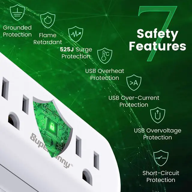Alt view image 6 of 7 - Multi-Plug Outlet Extender, SUPERDANNY 3 Prong to 2 Prong Wall Charger with 2 Wide-Spaced Outlets & 4 USB Ports, Mini Surge Protector Multiple Plug Splitter for Travel, Home, Office, Type A, White