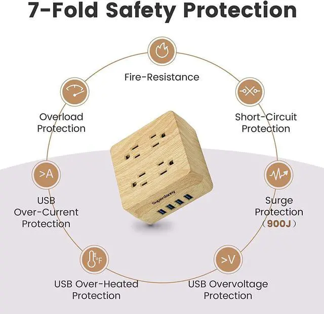 Alt view image 3 of 7 - USB Power Strip Surge Protector - SUPERDANNY Desktop Extension Cord with 4 Widely Spaced Outlets & 4 Smart USB Ports, Portable Charging Station for Home, Office, Hotel, Dorm, RV, Faux Wood Grain
