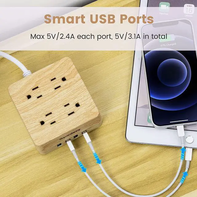 Alt view image 4 of 7 - USB Power Strip Surge Protector - SUPERDANNY Desktop Extension Cord with 4 Widely Spaced Outlets & 4 Smart USB Ports, Portable Charging Station for Home, Office, Hotel, Dorm, RV, Faux Wood Grain