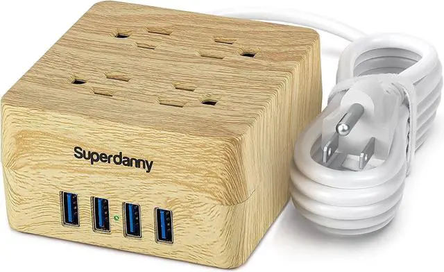 Alt view image 7 of 7 - USB Power Strip Surge Protector - SUPERDANNY Desktop Extension Cord with 4 Widely Spaced Outlets & 4 Smart USB Ports, Portable Charging Station for Home, Office, Hotel, Dorm, RV, Faux Wood Grain