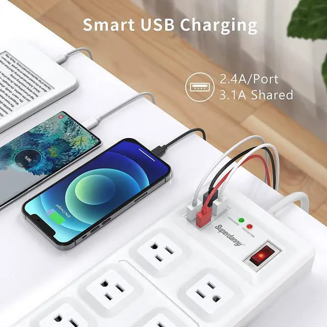 Alt view image 5 of 7 - SUPERDANNY Surge Protector Power Strip, Extension Cord with Multiple Outlets, 2800J, 15A, Wide Spaced, 10 Outlet & 4 USB Ports, Flat Plug, 5Ft Extension Cord, Multi-Protection for iPhone 15 White