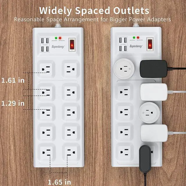 Alt view image 2 of 7 - SUPERDANNY Surge Protector Power Strip, Extension Cord with Multiple Outlets, 2800J, 15A, Wide Spaced, 10 Outlet & 4 USB Ports, Flat Plug, 5Ft Extension Cord, Multi-Protection for iPhone 15 White