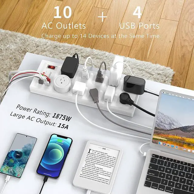 Alt view image 7 of 7 - SUPERDANNY Surge Protector Power Strip, Extension Cord with Multiple Outlets, 2800J, 15A, Wide Spaced, 10 Outlet & 4 USB Ports, Flat Plug, 5Ft Extension Cord, Multi-Protection for iPhone 15 White