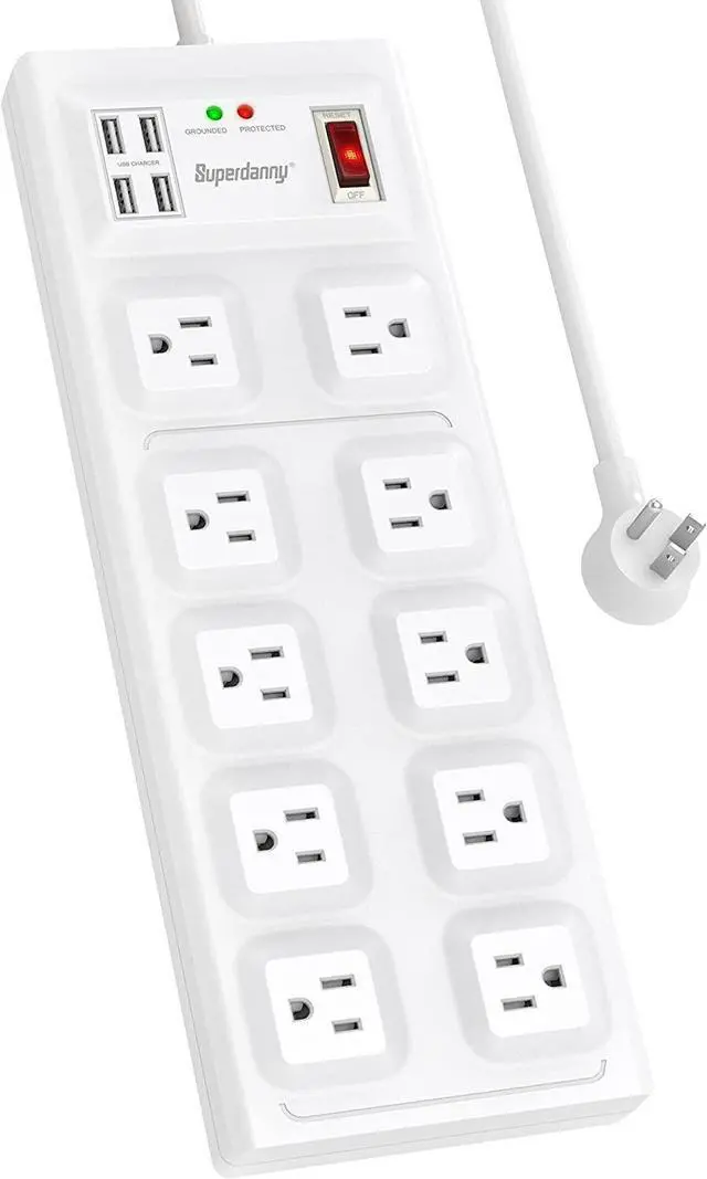 Main image of SUPERDANNY Surge Protector Power Strip, Extension Cord with Multiple Outlets, 2800J, 15A, Wide Spaced, 10 Outlet & 4 USB Ports, Flat Plug, 5Ft Extension Cord, Multi-Protection for iPhone 15 White