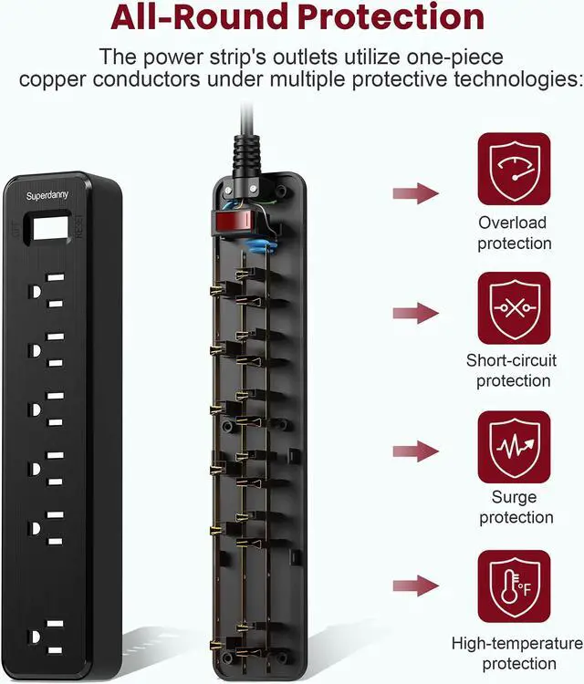Alt view image 3 of 7 - SUPERDANNY Power Strip Surge Protector 6 Outlet Mountable Desktop Charging Station 4.5 Ft Extension Cord 900 Joules